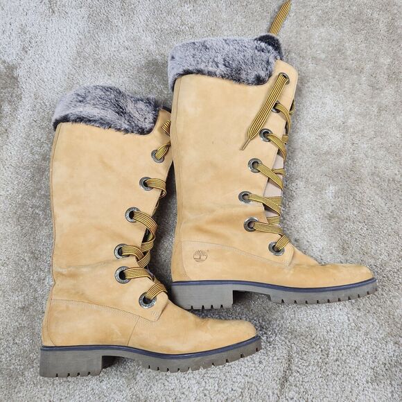 Timberland 91335 Mirney Knee High Wheat Tall Tan Faux Fur Lace Up Boots 11 M